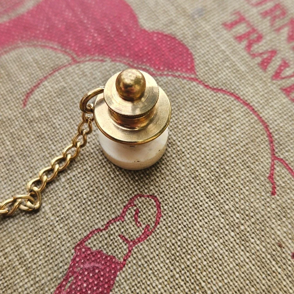 Vintage Scrimshaw Beach Nautical Lighthouse Tie Tack Gold Tone Chain T-Bar